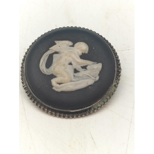 88 - Wedgwood Black Jasper and Silver Brooch. 3.5cm Diameter.