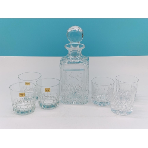 681 - Cut Glass Decanter plus 6 x Mixed Tumblers.