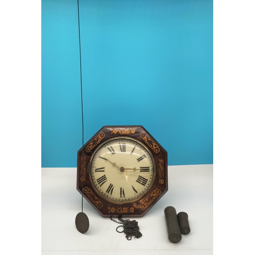 174 - Victorian Dial Brass Inlayed and Mother of Pearl Design Clock. With Weights and Pendulum. 32cm Tall.