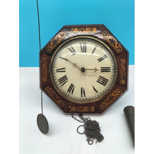 174 - Victorian Dial Brass Inlayed and Mother of Pearl Design Clock. With Weights and Pendulum. 32cm Tall.