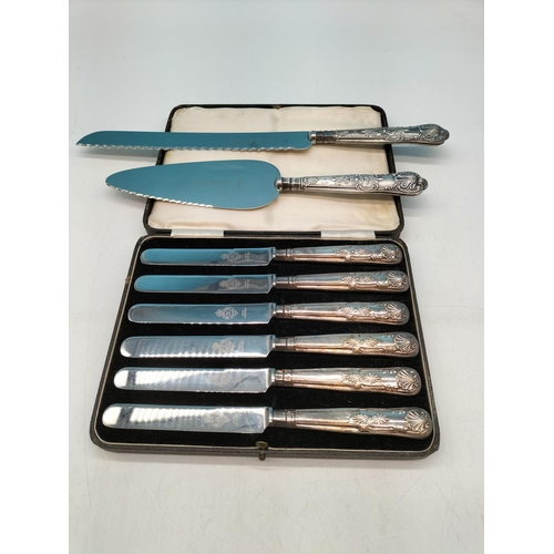 10 - Boxed Set of 6 Butter Knives with Silver Plate Handles plus Bread Knife and Cake Slice with Hallmark... 