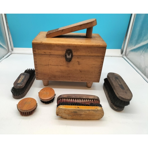 109 - Wooden Shoe Shine Box plus Contents. 29cm High, 27cm x 17cm.