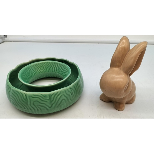 116 - Sylvac 12cm Figure of a Rabbit Plus 1992 Green Posy Bowl 16cm Diameter