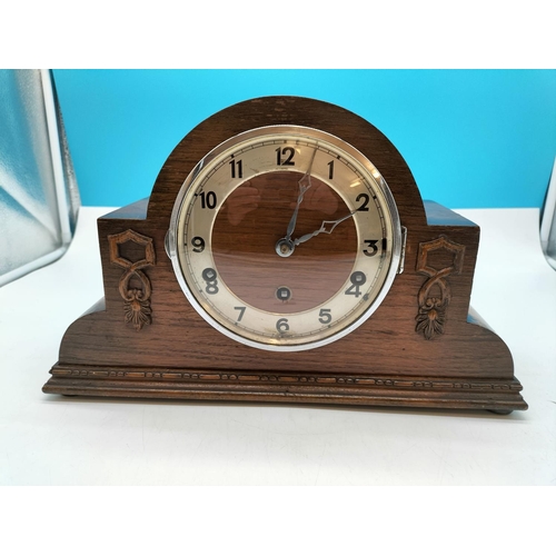 13 - Oak Cased Mantle Clock with FHS Mechanism and Westminster Charm. W/O. 22cm High, 37cm x 12cm.