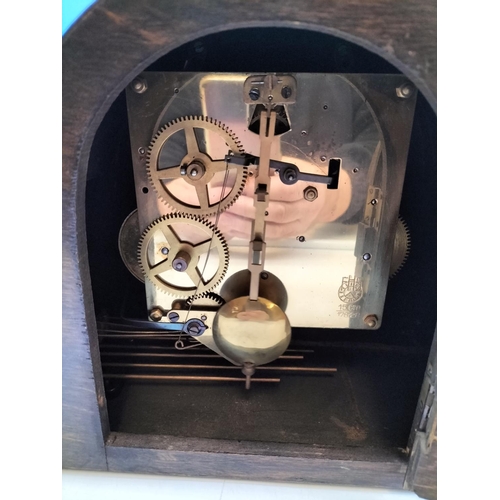 13 - Oak Cased Mantle Clock with FHS Mechanism and Westminster Charm. W/O. 22cm High, 37cm x 12cm.