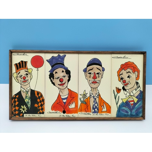 14 - Vintage Oak Framed Tile Pictures of Clowns. Hand Decorated with Signature and La Roue Vallauris, Fra... 