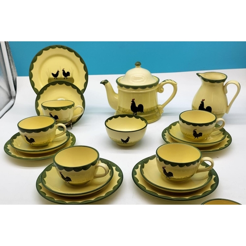 41 - Zeller Fayencerie 'Rooster and Hen' Design 21 Piece Tea Set to include Trios (5), Teapot, Milk and S... 