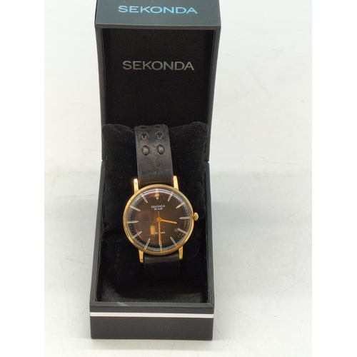 46 - Sekonda 23 Jewel De-Lux Slim Black Face Watch in Box W/O. Made in USSR.