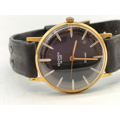 46 - Sekonda 23 Jewel De-Lux Slim Black Face Watch in Box W/O. Made in USSR.