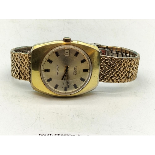 47 - Sekonda 30 Jewel Automatic Time & Date Gold Face Watch. Crazing to Glass.