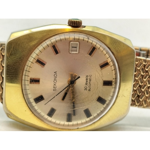 47 - Sekonda 30 Jewel Automatic Time & Date Gold Face Watch. Crazing to Glass.