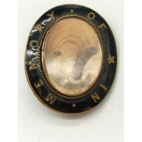 50 - Enamelled Mourning Brooch 'In Memory Of' with Hair in Glass Centre and Base Metal Back. 4cm x 3.5cm.