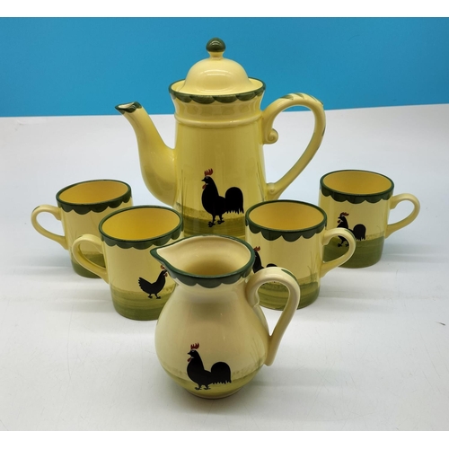 61 - Zeller Fayencerie 'Rooster and Hen' Design 6 Piece Part Coffee Set. Coffee Pot Lid A/F.