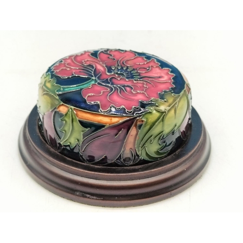 65 - Moorcroft Paperweight on Wooden Base. 5cm High, 11cm Diameter.