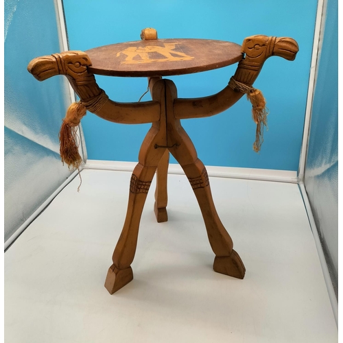 673 - Small Folding Inlaid Table decorated with a Camel. 55cm High, 45cm Diameter. Collection Only.