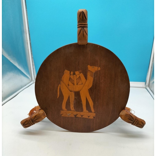 673 - Small Folding Inlaid Table decorated with a Camel. 55cm High, 45cm Diameter. Collection Only.