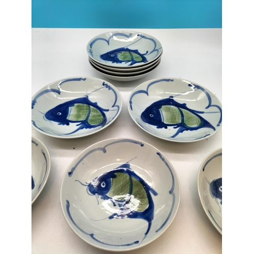 76 - Hand Painted Carp Design Large 23cm Diameter Bowls (9)