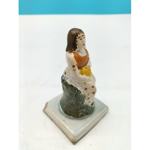 77 - Pratt Ware c1840 Lady Figure. 11.5cm Tall. Damage to Corner of base.