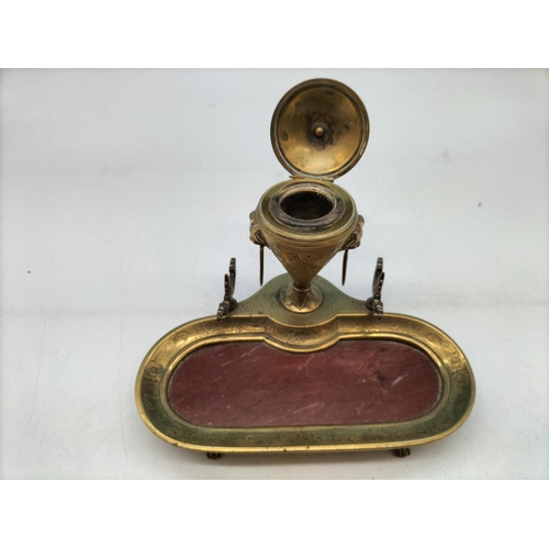 80 - Egyptian Revival Brass Pen Rest and Inkwell Desk Stand 1880-1930. 17cm High, 21cm x 14cm.