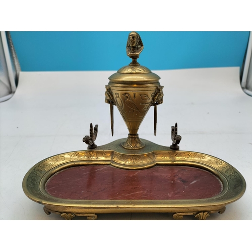 80 - Egyptian Revival Brass Pen Rest and Inkwell Desk Stand 1880-1930. 17cm High, 21cm x 14cm.