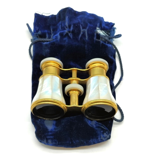 95 - Gold Tone and Mother of Pearl Opera Glasses by Negretti Zamra Opticians, London in Velvet Bag. In Go... 