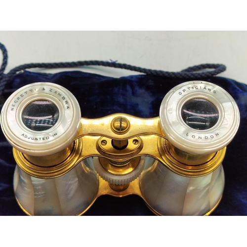 95 - Gold Tone and Mother of Pearl Opera Glasses by Negretti Zamra Opticians, London in Velvet Bag. In Go... 