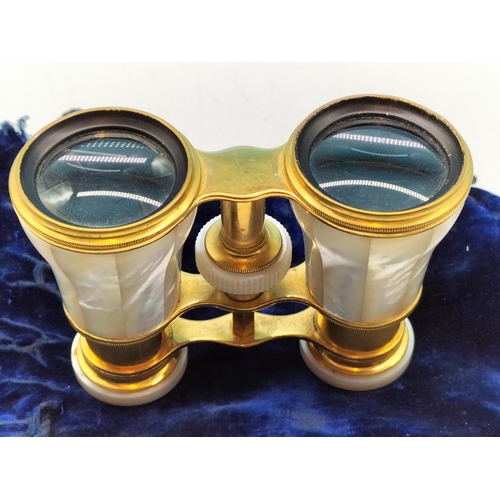 95 - Gold Tone and Mother of Pearl Opera Glasses by Negretti Zamra Opticians, London in Velvet Bag. In Go... 