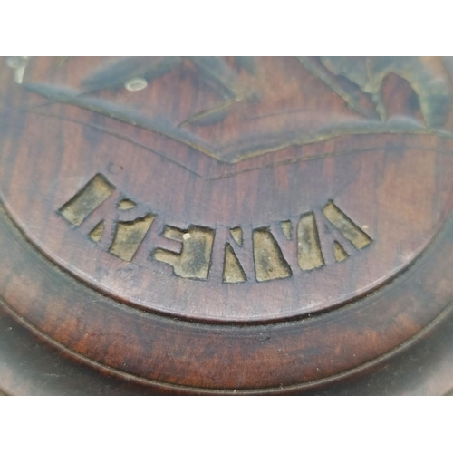 99 - Wooden Cigarette Dispenser with Ashtray. 'Kenya' Carved to Lid. 9cm High, 17.5cm Diameter.