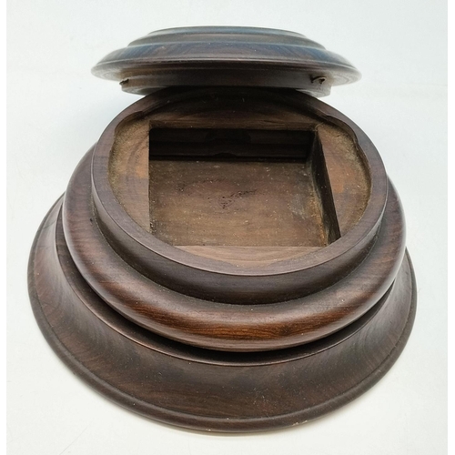 99 - Wooden Cigarette Dispenser with Ashtray. 'Kenya' Carved to Lid. 9cm High, 17.5cm Diameter.