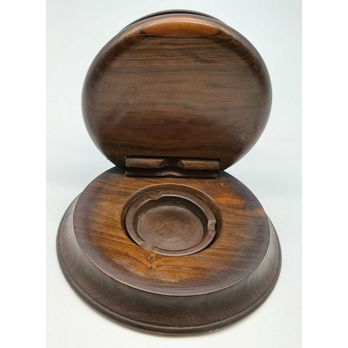 99 - Wooden Cigarette Dispenser with Ashtray. 'Kenya' Carved to Lid. 9cm High, 17.5cm Diameter.