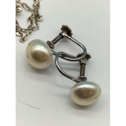 202 - Silver 925 Chain With 925 Cross Plus Mother of Pearl Silver Pendant And Silver Screw Back Pearl Earr... 