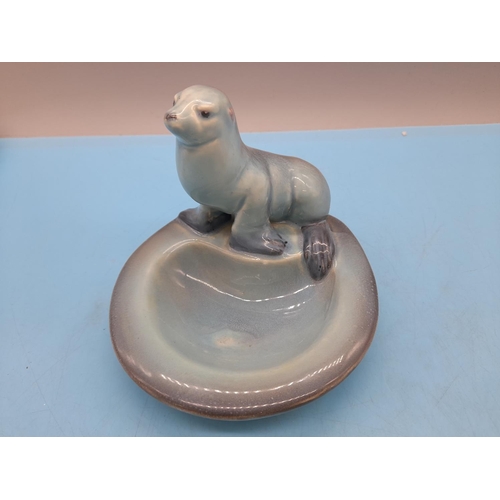 390 - Beswick Sealion on Dish. Model No. 360 Rare Pale Blue Colour 12cm (h) x 12cm (d)