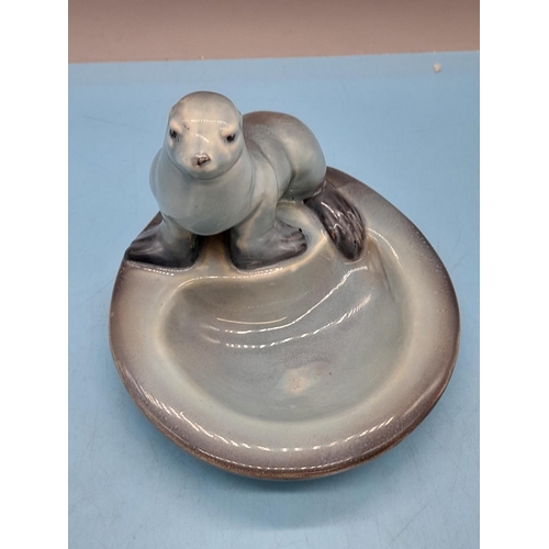 390 - Beswick Sealion on Dish. Model No. 360 Rare Pale Blue Colour 12cm (h) x 12cm (d)