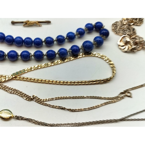 414 - Blue Lapis Lazuli Bead Necklace, National Safety First Driving Medals Plus Costume Jewellery