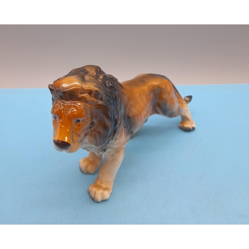 417 - KK Japanese Porcelain Prowling Tiger & Cub Plus Lion Figures. Tallest 11cm (h) x 22cm (l)