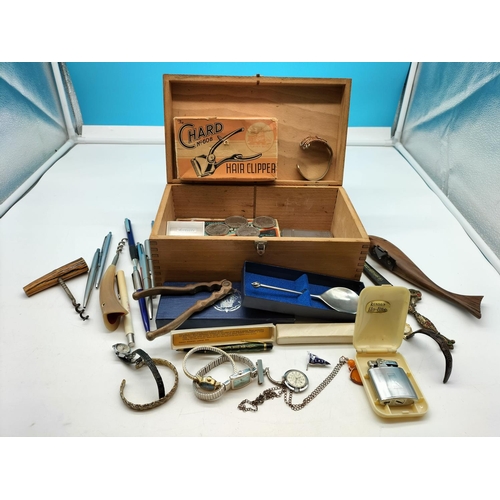 711 - Wooden Box of Mixed Items to Incl. Coins, Watches, Corkscrews, etc.