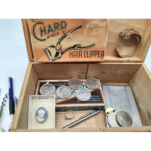 711 - Wooden Box of Mixed Items to Incl. Coins, Watches, Corkscrews, etc.