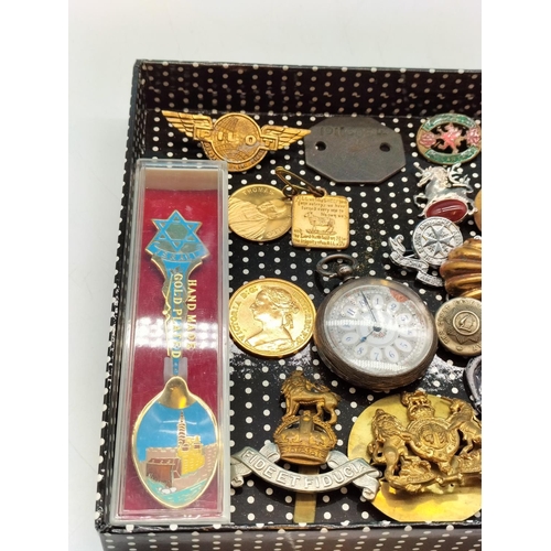 726 - Collection of Mixed Items to Incl. Ladies Cased Silver Hallmarked Pocket Watch, Regiment Badges, etc... 