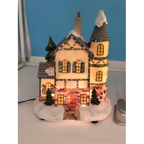 728 - Two Christmas Items to Included Illuminated Cottage & Candle Bridge 32cm W/O