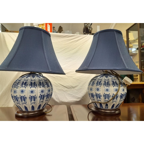 125 - Pair of Blue and white Onion shaped table lamp with shades. Height 62cm Working order.