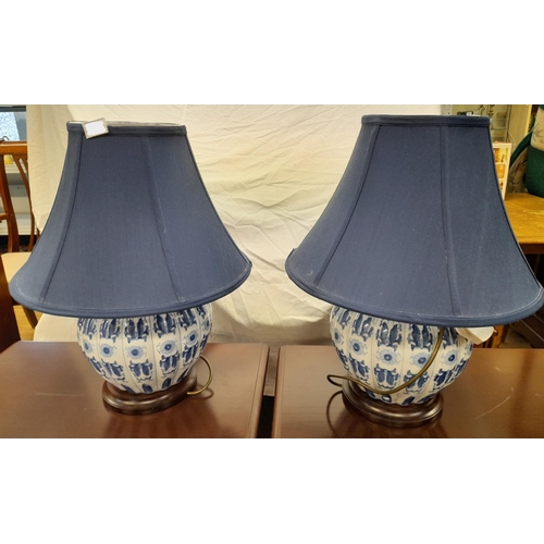 125 - Pair of Blue and white Onion shaped table lamp with shades. Height 62cm Working order.