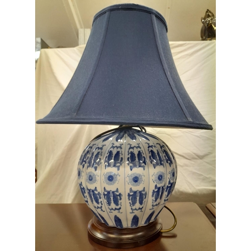 125 - Pair of Blue and white Onion shaped table lamp with shades. Height 62cm Working order.