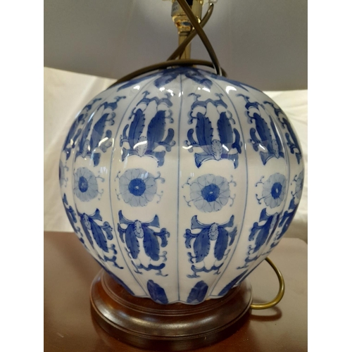 125 - Pair of Blue and white Onion shaped table lamp with shades. Height 62cm Working order.