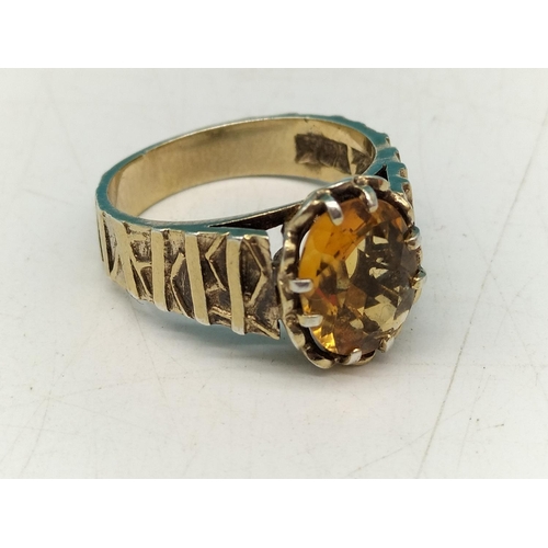 353 - Birmingham Hallmarked, Gold plated silver citrine set ring, Size N