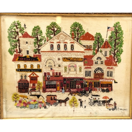 378 - Framed Victorian Street Sampler From Charles Wysocki Collection by E Kelsall 63 x 51cm