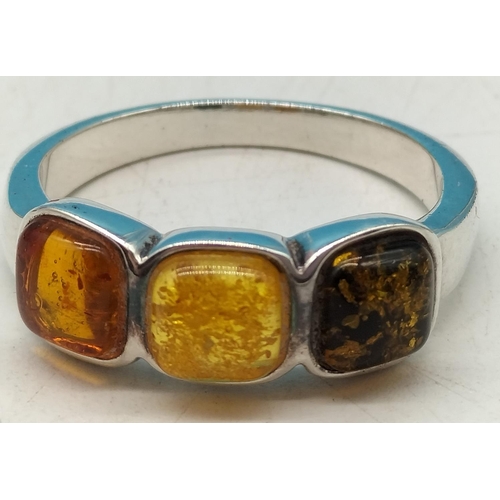 434 - 925 Silver 3 colour Amber ring, Size T