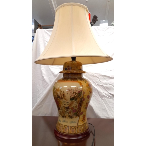 71 - Pair of oriental pattern table lamp with shades both working order. Height 65cm. Collection ONLY