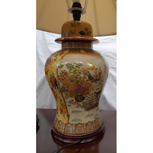 71 - Pair of oriental pattern table lamp with shades both working order. Height 65cm. Collection ONLY