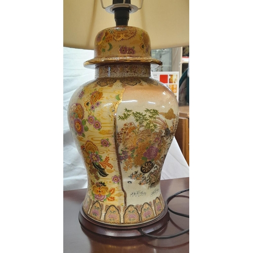 71 - Pair of oriental pattern table lamp with shades both working order. Height 65cm. Collection ONLY