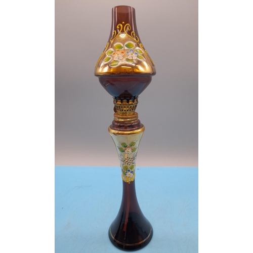 75 - Vintage Japanese Bond ware hand painted glass oil lamp and vase, Lamp height 33cm